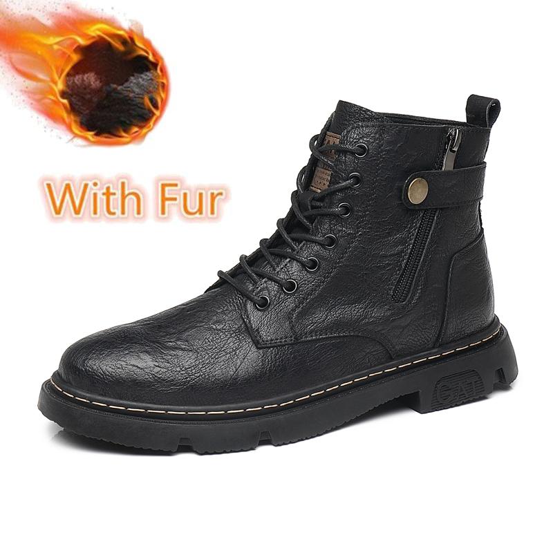 Fashion Fashion Casual Leather Male Motorcycle Boots Outdoor Men's Ankle Boots High Top Winter Casual Shoes Warm Plush Fur Winter Botas