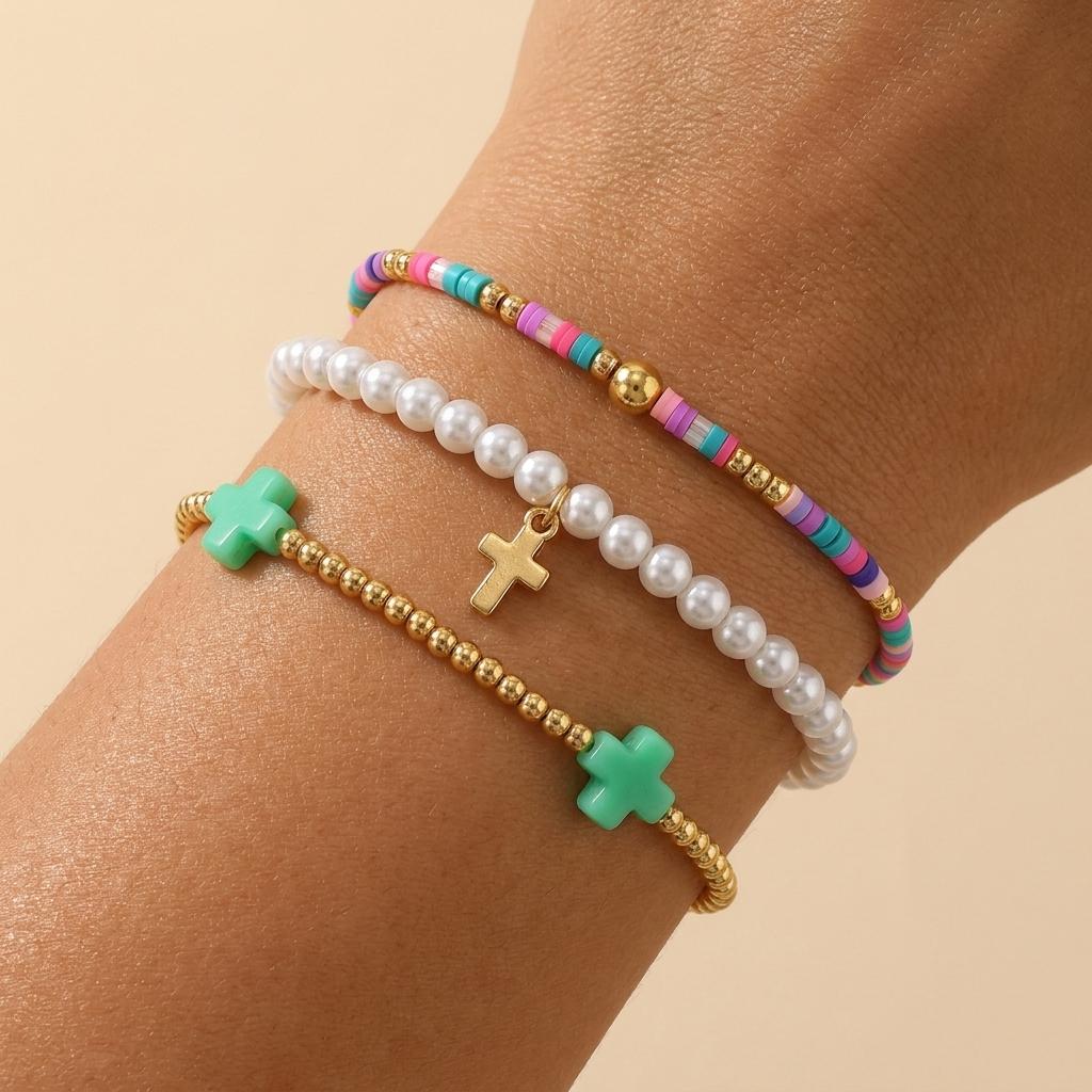 Go2boho 3Pcs Cross Beaded Bracelets for Women, Pearl Look Colorful Stackable Stretch Bracelet Set Boho Jewelry Gifts