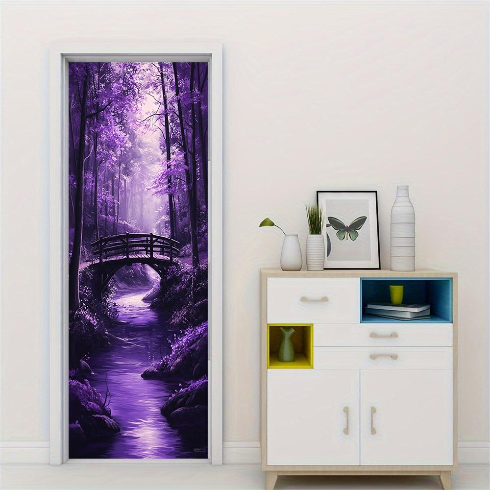 1pcs Self Adhesive Removable Vinyl Door Stickers Dreamy Purple Forest Bridge View Door Stickers Beautiful Moonlight Stream Entra