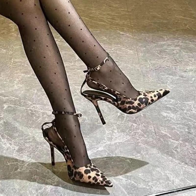 Leopard High Heeled Women Sandals Pointed Toe Shallow Buckle Sexy Shoes Fashion Pumps 2025 Summer Slingback Sandalias De Mujer
