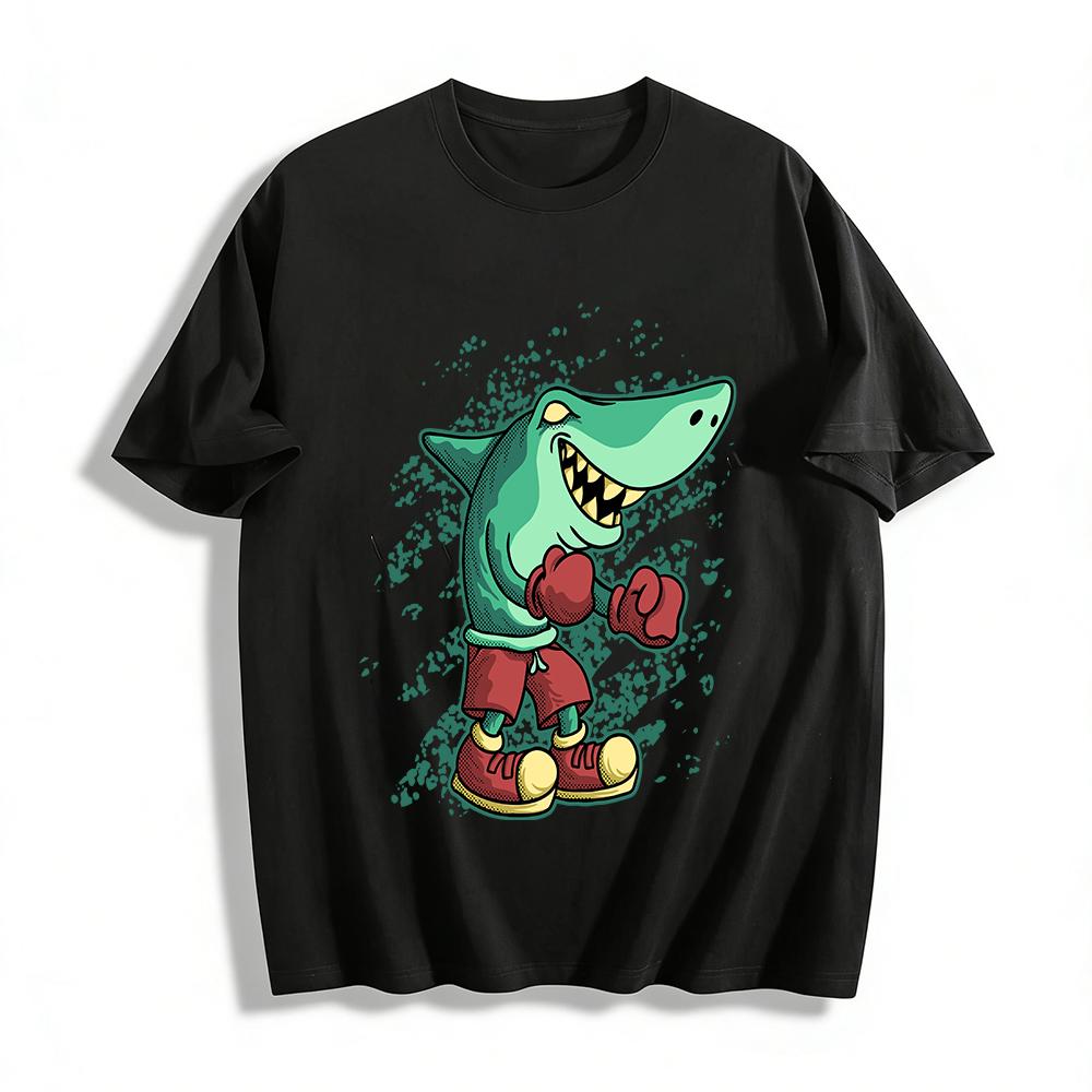 

Fun Boxing Shark Print Casual T-Shirt Unisex Trendy Loose Top Pure cotton T-shirt XXS