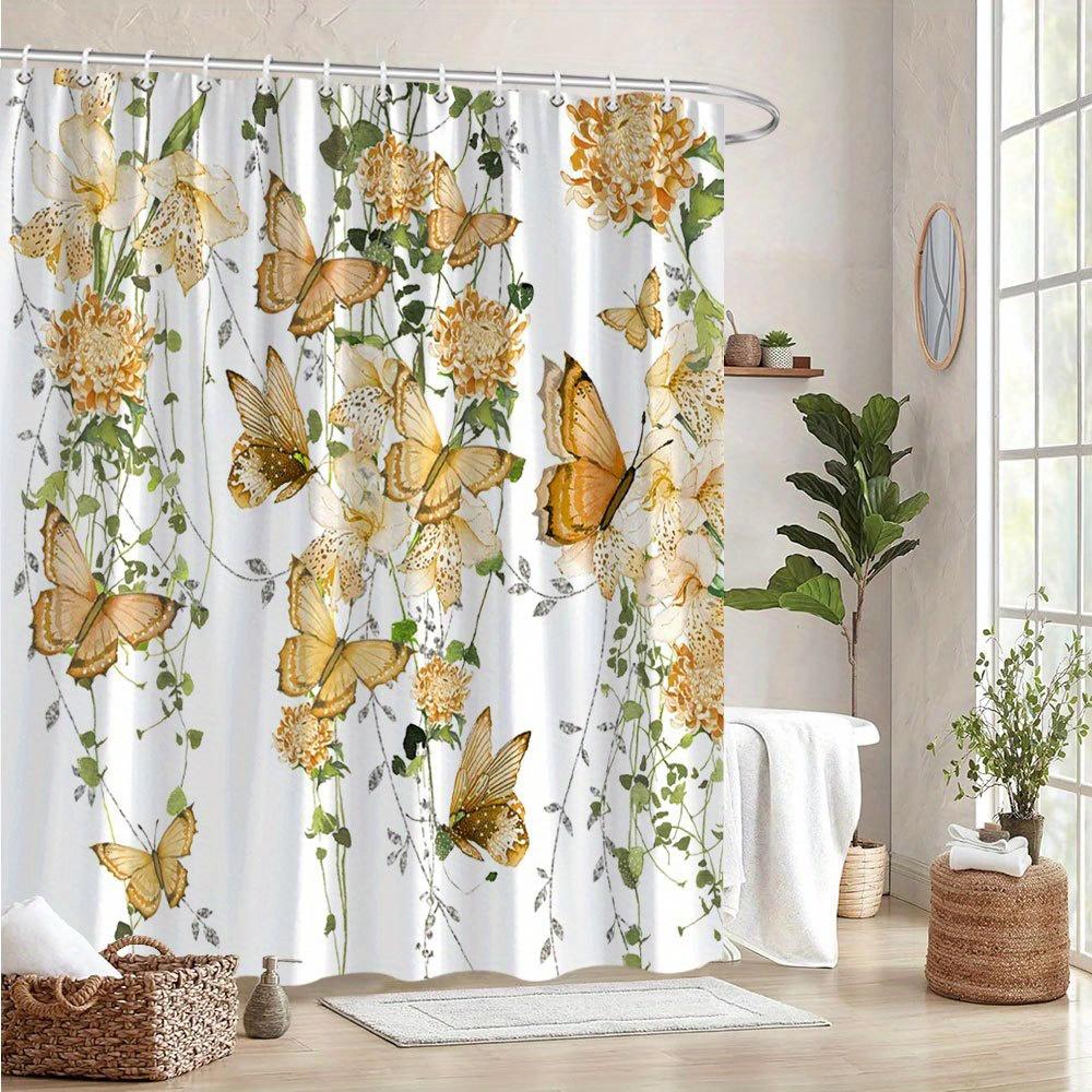 1 Yellow Butterfly And Light Yellow Flower Shower Curtain - With Green Vines, Polyester Fabric, With Hooks, Machine Washable