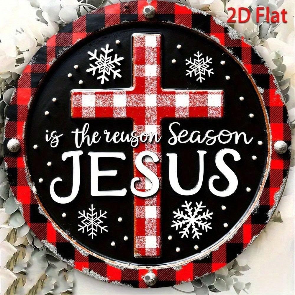 LovelyAlley 8 Inch Round Metal Wall Sign Wreath Design Xmas Home Decor Snowflake Plaid Border