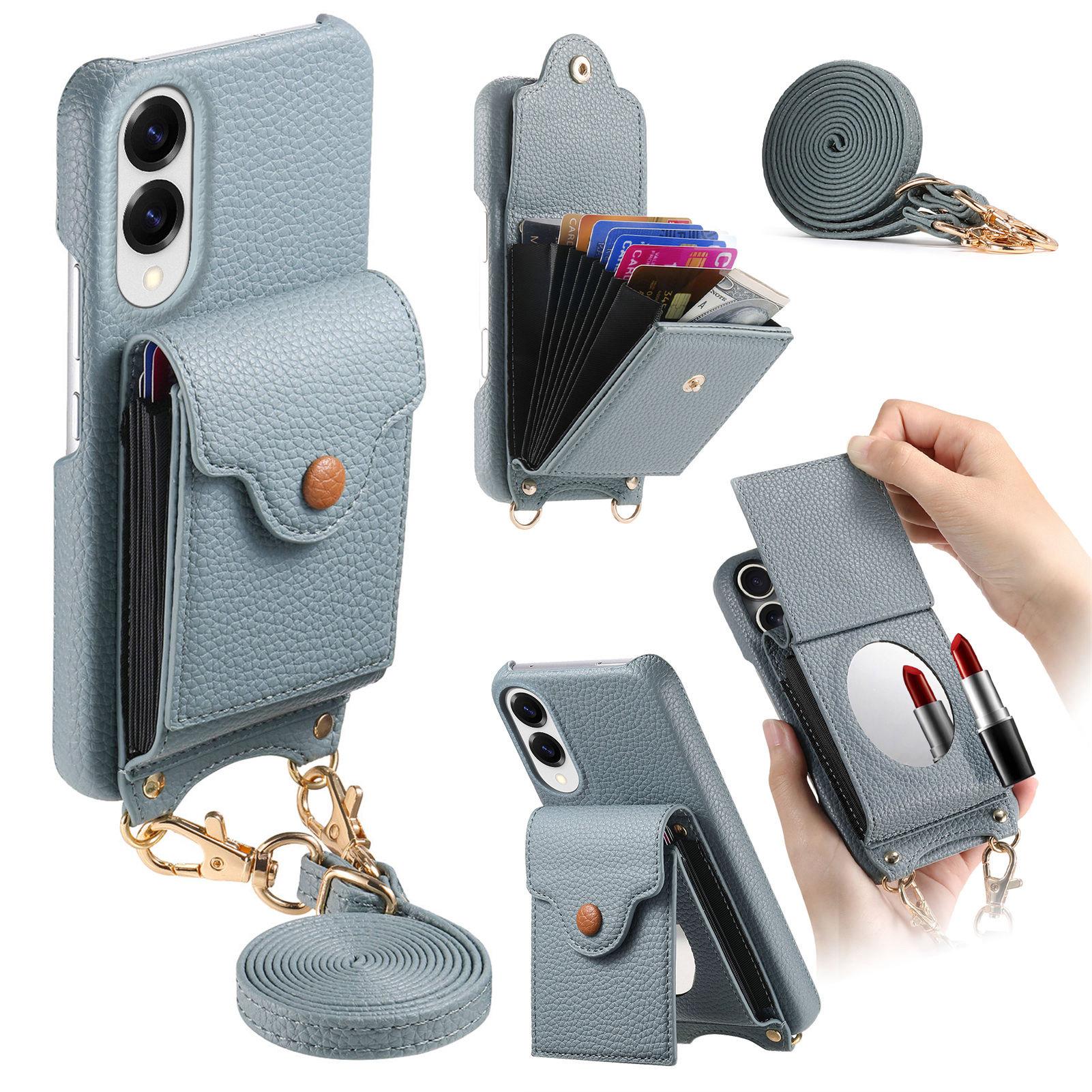 

For Samsung Galaxy S25 Edge Case Mirror Card Holder Litchi Texture Leather Phone Back Cover with Long Strap F