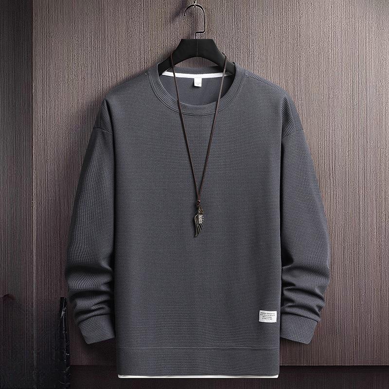 Fake Two Pieces Long-sleeved Embroidery Round Neck Loose and Too Large Casual Pullover Explosive Sweater Men's Solid Color