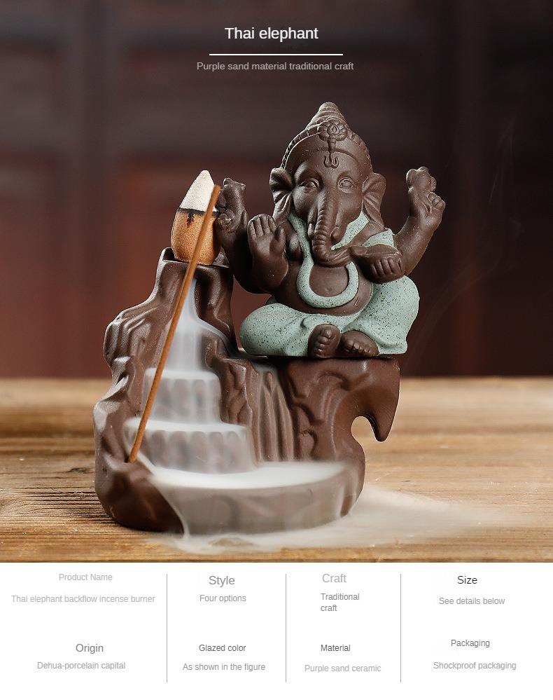 Elephant Flow Censer Purple Clay Ganesha Buddha Statue Buddhism Backflow Incense Burner Zen Tea Pet Home Decor