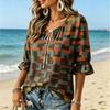 Women Geometric Color Block Print Tie V Neck Blouse, Ruffled 3/4 Sleeve Loose Casual Top, Summer Beach Daily Lightweight Shirt
