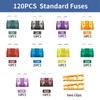 120 Pcs Standard Fuse Assortment kit (1A/2A/3A/5A/10A/15A/20A/25A/30A/35A/40AMP) Blade Fuse for RV Truck Marine Auto Accessorie