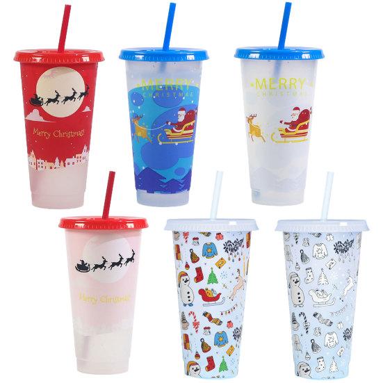 710ml Straw Cup with Lid Single-layer Christmas Magical Color Changing on Cold Cup for Trip
