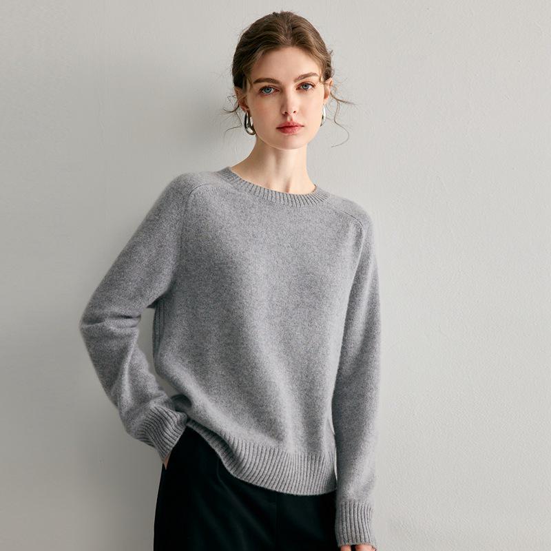 Women's 100% Pure Cashmere Heather Yarn Sweater, Round Neck, Loose Fit, Soft, Light Luxury, Knitted Base Layer for Autumn/Winter.