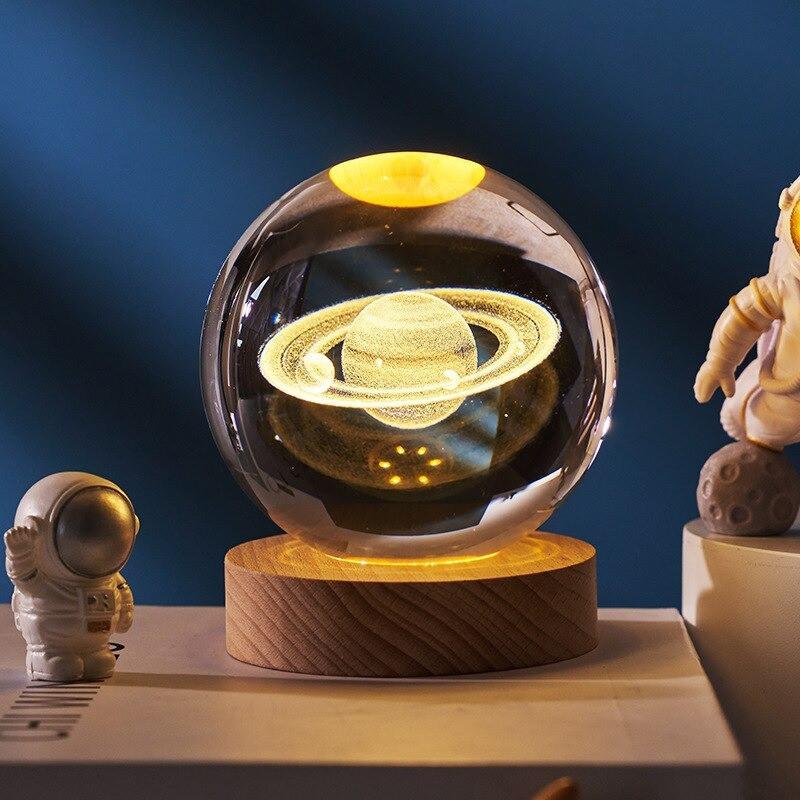 3D Art Nebula Laser Carving Solar System Moon Planet Nights Lamp LED Glowing Crystal Glass Globe Ball Wood Base Night Light