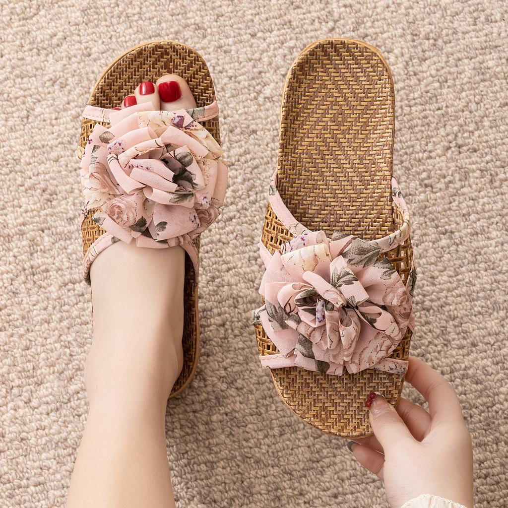 Summer Cool Rattan Mat Slippers - Bowknot Design, Non-Slip Indoor Bamboo Weave, Fish Mouth Style