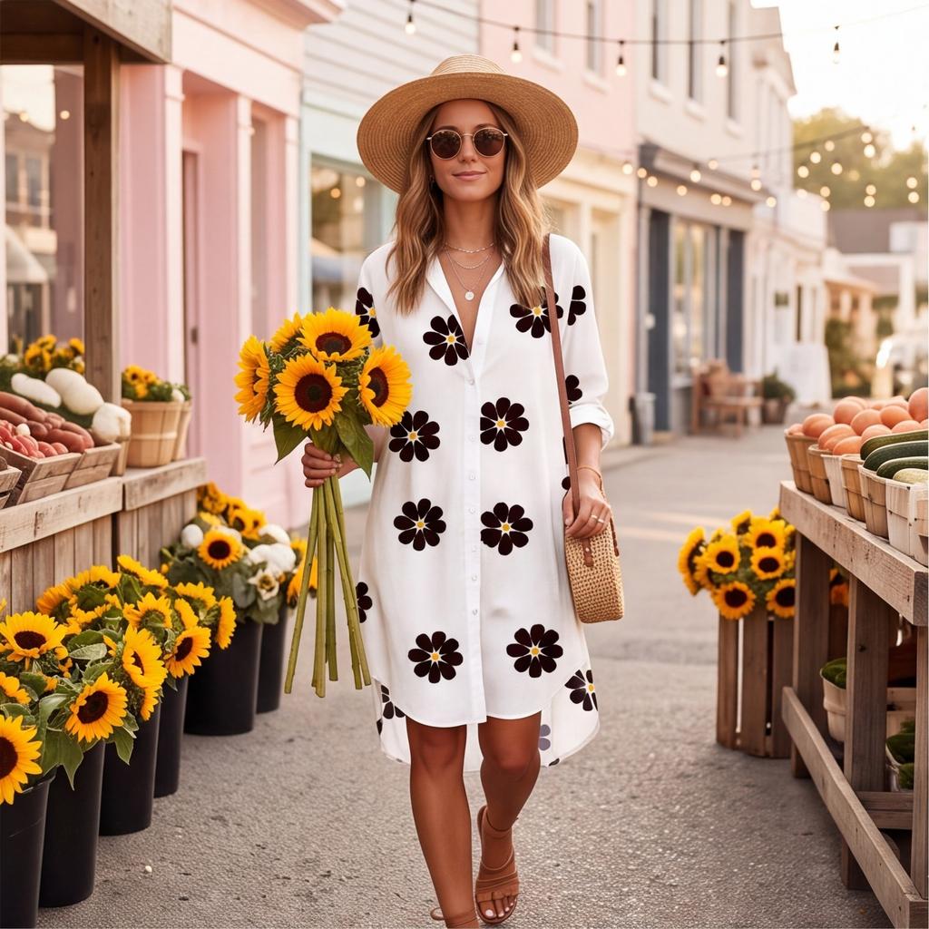 Women's Loose Fit Midi Shirt Dress with Notched Collar for Casual Fashion