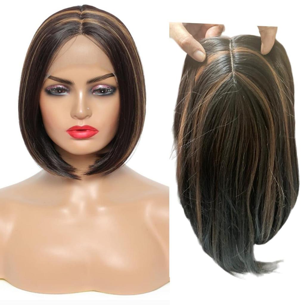 HAIR WALA™ 4 x 4 Inch Silk Base, 4 Clips Hair Toppers Hair Extension for Thinning Hair & Grey/White Hairs for Women,16 Inches Long, Brown with Hi