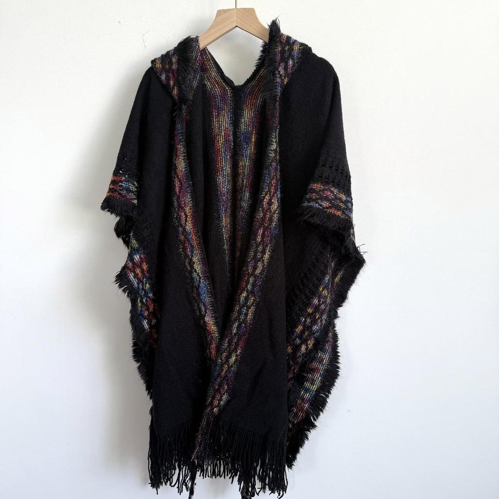 Bohemian Ethnic Hooded Shawl with Tassels - Women's Knitted Cardigan Cape