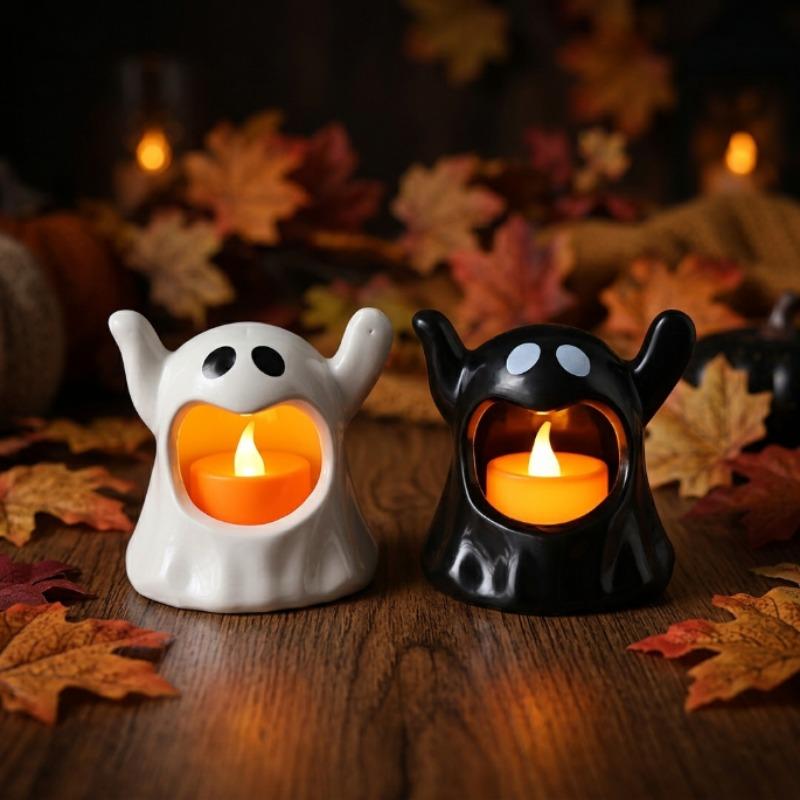 Halloween Ghost LED Candle Light Flickering Candle Lamp Black White Ghost Tealight Horror Table Decor for Party Haunted House