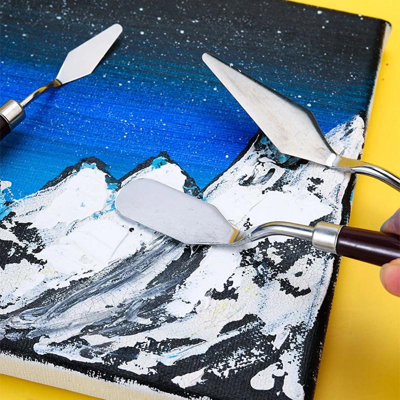 7-Piece Artist Palette Knife Set - Stainless Steel & Wood Watercolor Oil Painting Scrapers, Gouache Pigment Mixing Hand Tools