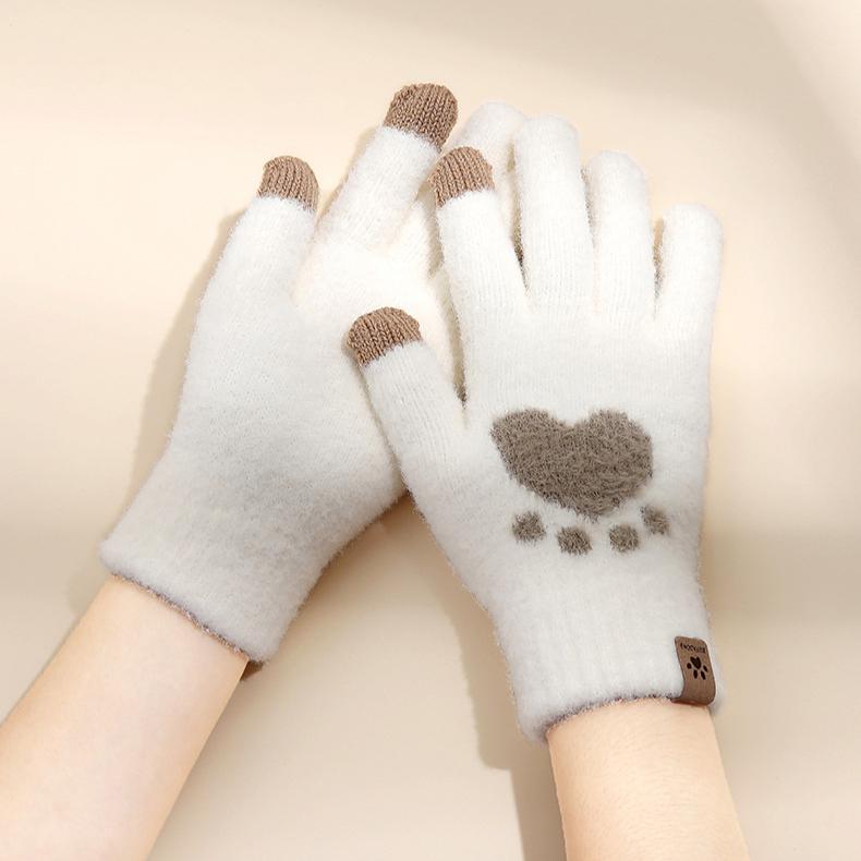 Touch Screen Gloves Cat Claws Cold Resistant and Warm Gloves Ladies' Autumn and Winter Thick Woolen Knitted Gloves