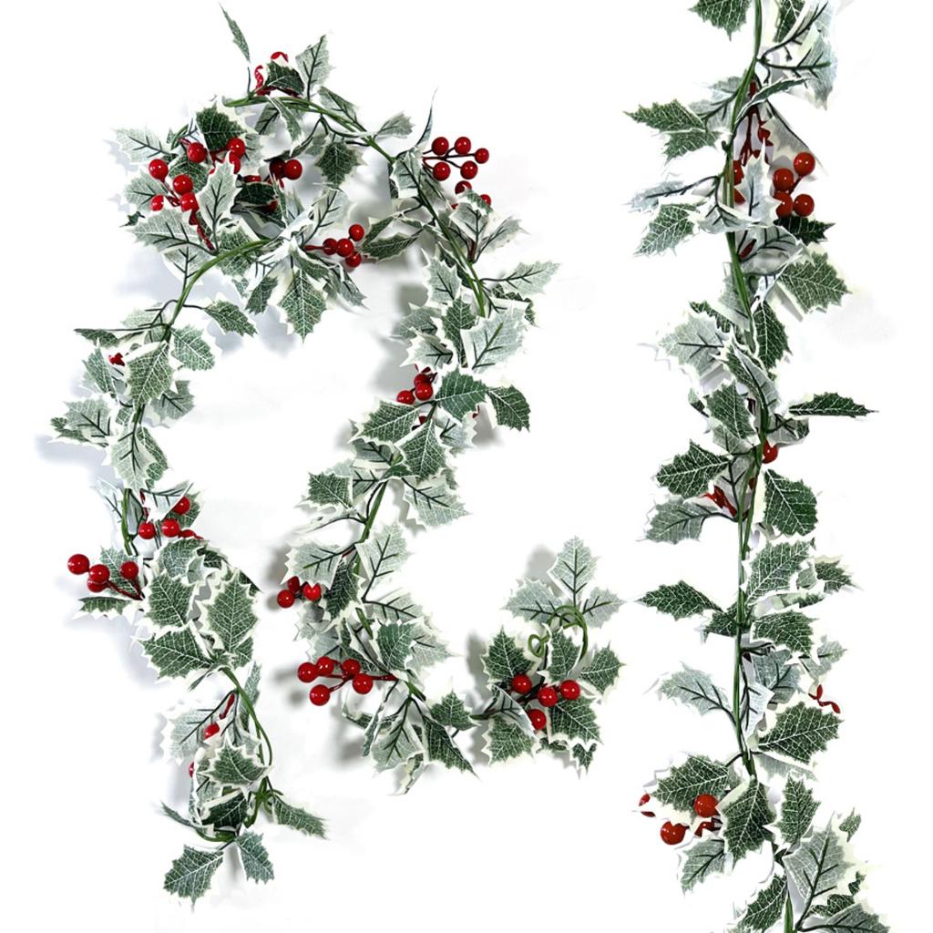 2pcs 2m Xmas Berry Holly Leaves Garland Christmas Faux Garland Winter Snowy Red Berries Hanging Vine For Christmas Wedding Party Decoration