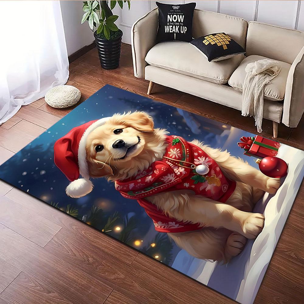 Golden Retriever In Christmas Outfit Patterned Carpet, Suitable As a Non Slip Play Mat for the Living Room and Bedroom Sofa