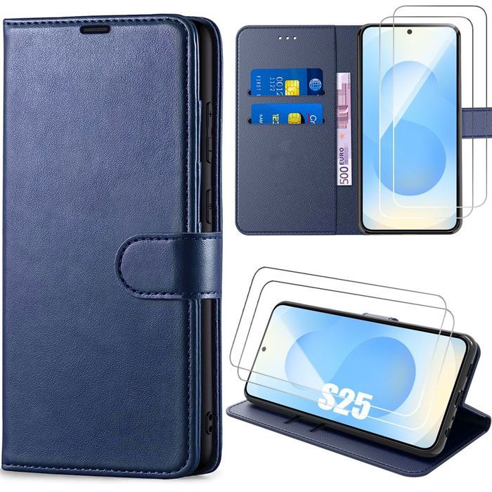 Coque de protection - BOOLING - pour Samsung Galaxy S25 - Effet Cuir Bleu Marine - 2 Verres Trempés - Antichoc