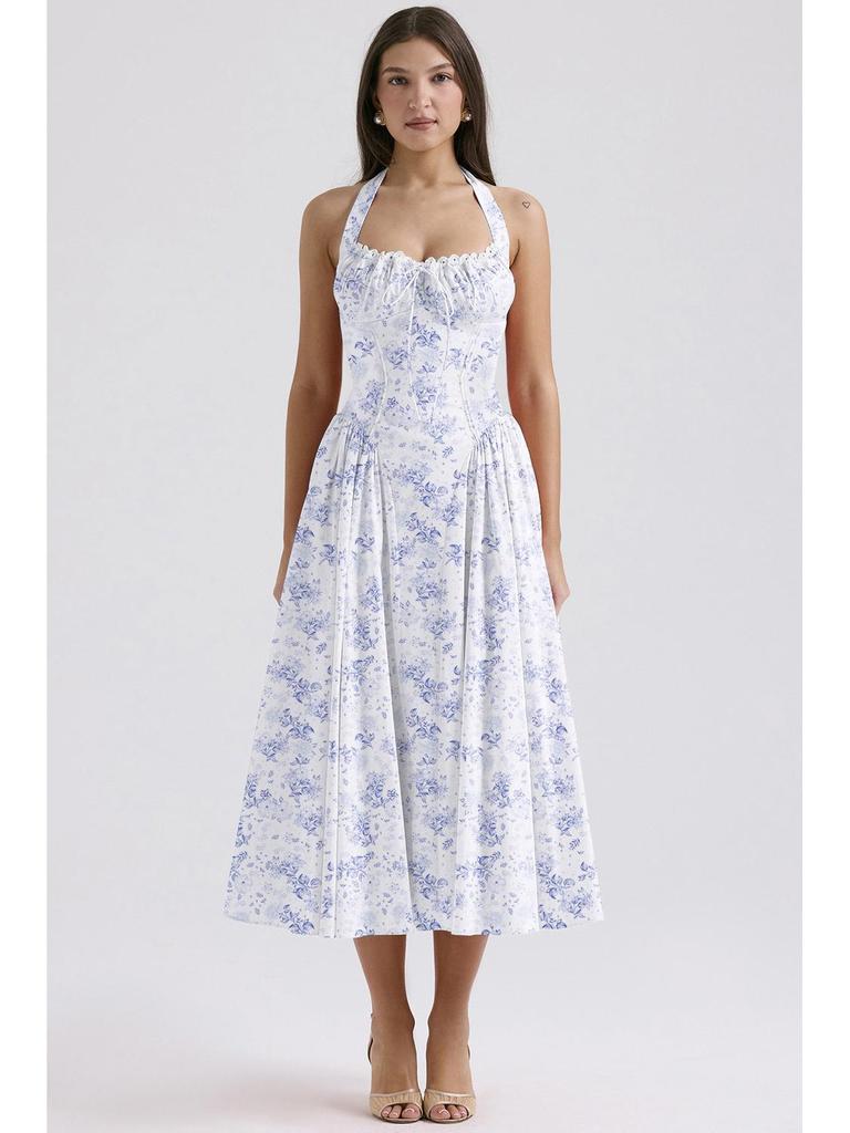 2025 European & American Style Summer Slim Spaghetti Strap Printed Halter Lace Dress