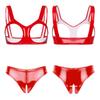 Womens Patent Leather Lingerie Suit Underwear Wide Shoulder Straps Open Cups Bra Tops with Open Crotch Briefs
