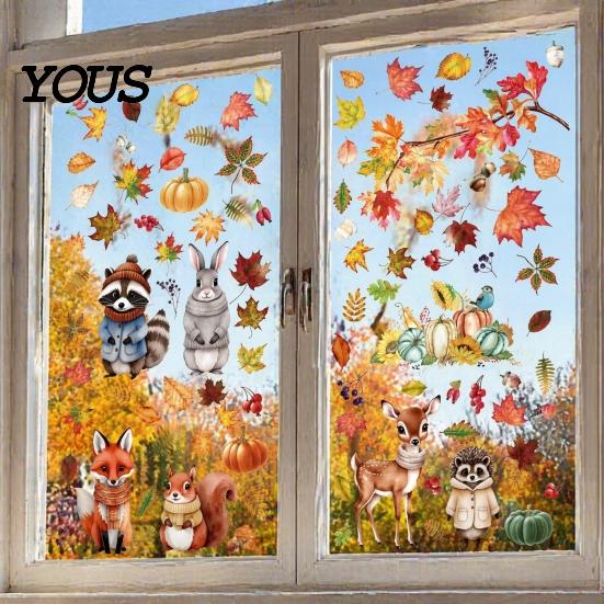 Removable Maple Leaf Decals 9 Sheets Fall Woodland Animals Window Clings, Autumn Pumpkin Clings Squirrel Fox Rabbit Glass Sticker, Anti Collision