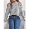 Women's Off-Shoulder High Neck Cable- Sweater - Soft Stretchy Long Sleeve Pullover, Solid Color Casual Chic Fall Winter Top, Highneck Pullover