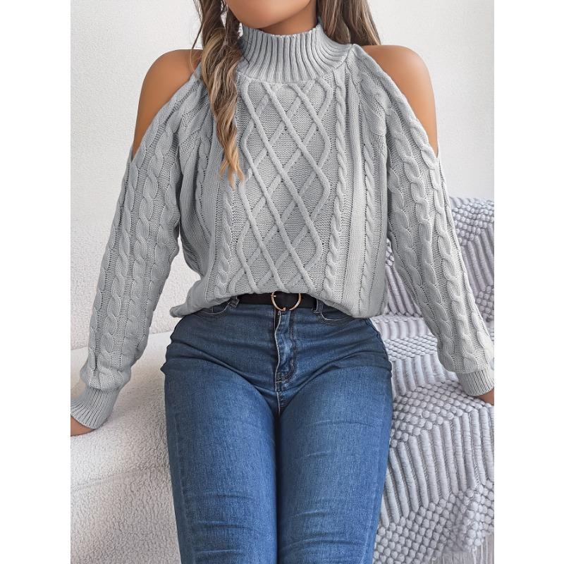 Women's Off-Shoulder High Neck Cable- Sweater - Soft Stretchy Long Sleeve Pullover, Solid Color Casual Chic Fall Winter Top, Highneck Pullover