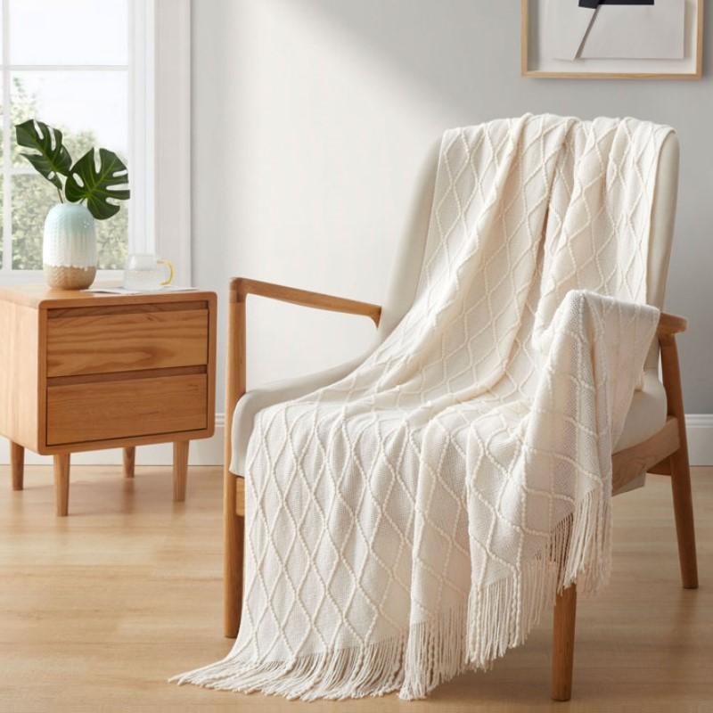 Cream White Boho Blankets Knitted Nordic Sofa Cover Blanket with Tassels Overzised Cozy Textured Farmhouse Vintage Gift Blankets