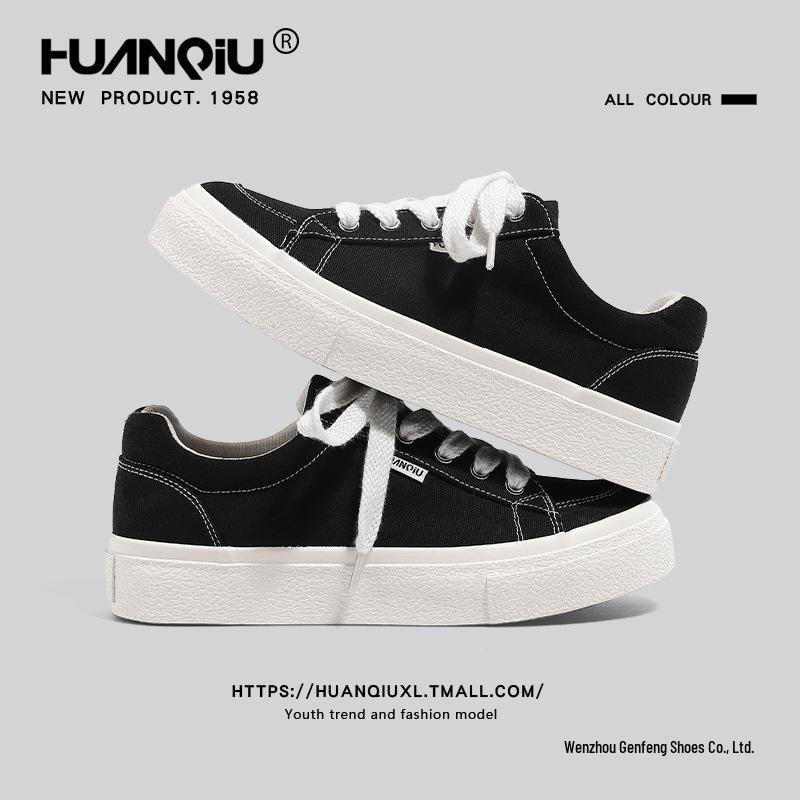 Men's 2025 Spring Black Canvas Thick-Soled Sneakers - Casual & Versatile for Students and Couples