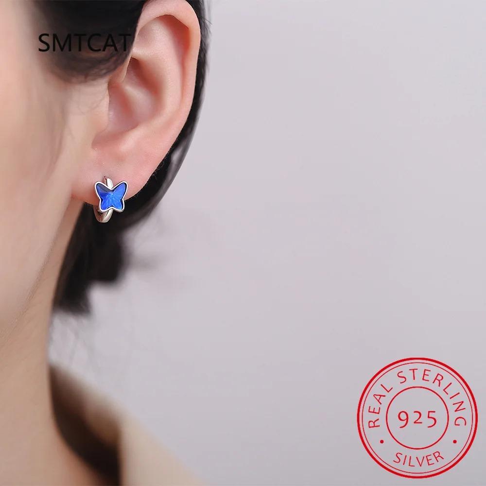 Baby Prinzessin 925 Silber Blauer Kristall Niedlicher Schmetterling Creolen Ohrring Für Kind Mädchen Frauen Ohrring Schmuck