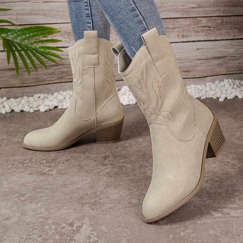 Womens Boots 2025 Embroidered Autumn Womens Shoes Chunky Heel Rider Boots Woman Mid-Calf Pointed Toe Cowboy Long Botas Mujer