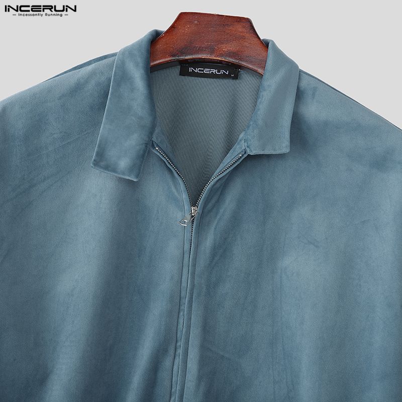 INCERUN Men Lapel Neck Long Sleeve Zip-up Suede Oversized Jackets Coats