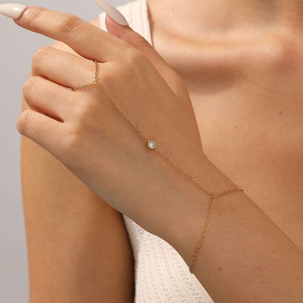 DIEYURO 316L Stainless Steel Fashion White Round Zircon Back Of Hand Chain Finger Bracelet Lady Trend Classic Waterproof Jewelry