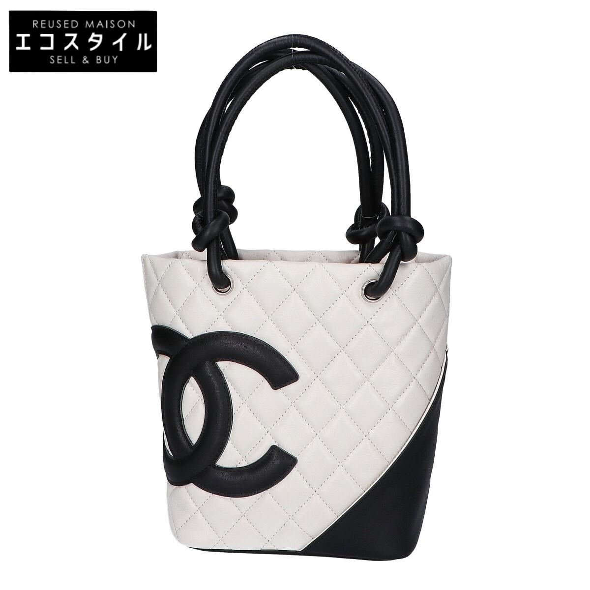 

CHANEL A25166 Cambon Line Lambskin Small Tote Bag Handbag Black x whiteUsed