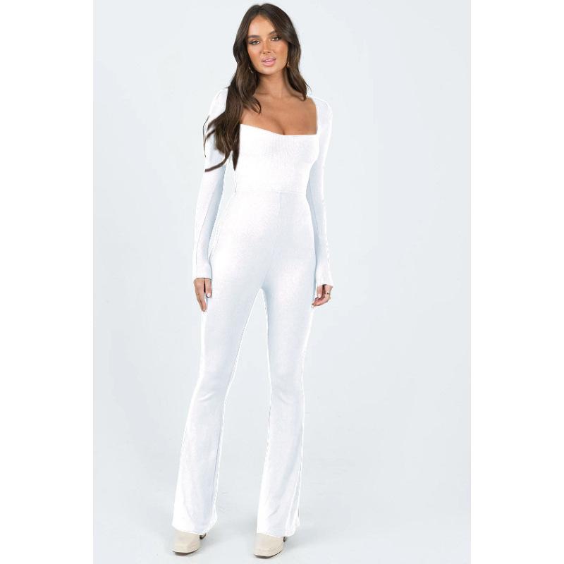 

Women s Solid Color Back Exposed Waist Slim Square Neck Sexy Jumpsuit Trousers XL білий