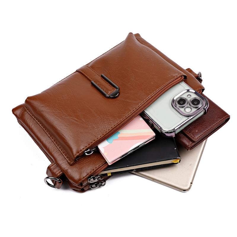 Vintage PU-Leder Mini-Tasche mit zwei Reißverschlusstaschen, Crossbody-Tasche, vielseitige Handgelenktasche für Einkäufe, den Alltag und Wochenendausflüge