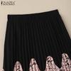 ZANZEA Women Elastic Waist Front Lace Patchwork Casual Pleated Skirts