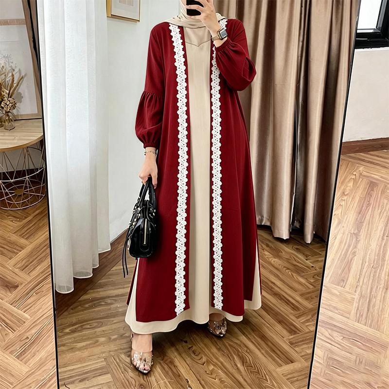 

ZANZEA Women Lace Splice Open Front Loose Casual Long Sleeve Long Cardigan 2XL вина червоного кольору