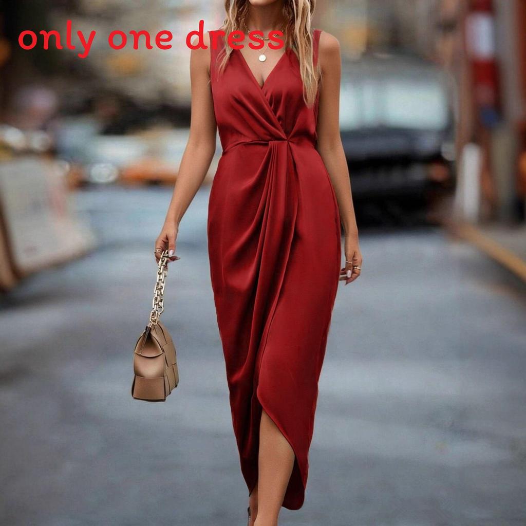 Elegant V Neck Sleeveless Long Dress With Asymmetric Hem For Formal Events