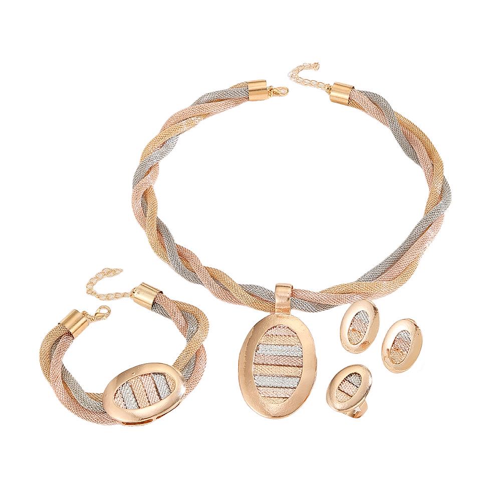 Handmade Tricolor Mesh Jewelry Set: Necklace, Earrings, Ring, Bracelet - European & American Design for Middle Eastern Ladies