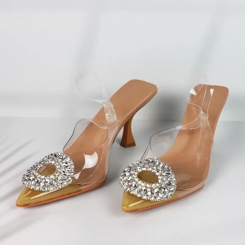 

Летние женские босоножки с острым носком из прозрачного ПВХ на высоком каблуке для женщин, роскошные туфли-лодочки с ремешком на пятке и шпильками 35 бежевый