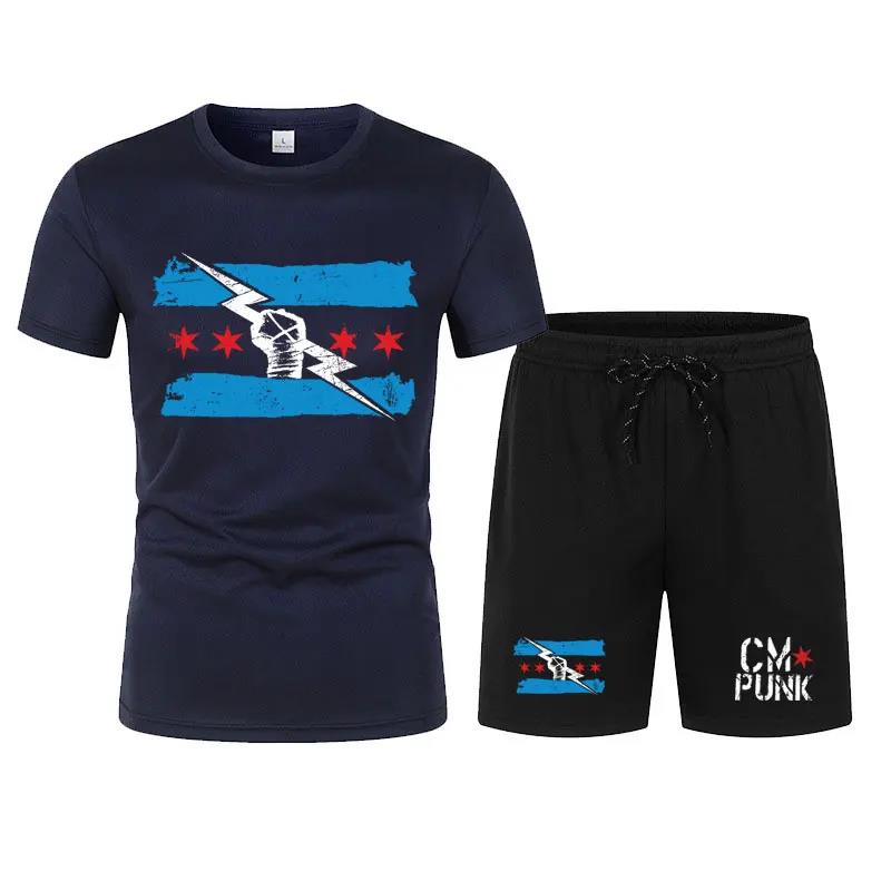 Herren Schwarz Return of CM Punk T-Shirt Shorts Set Sommer Kurzarm Mann Übergroße Anzüge 2024 Neue Mode Bekleidungssets
