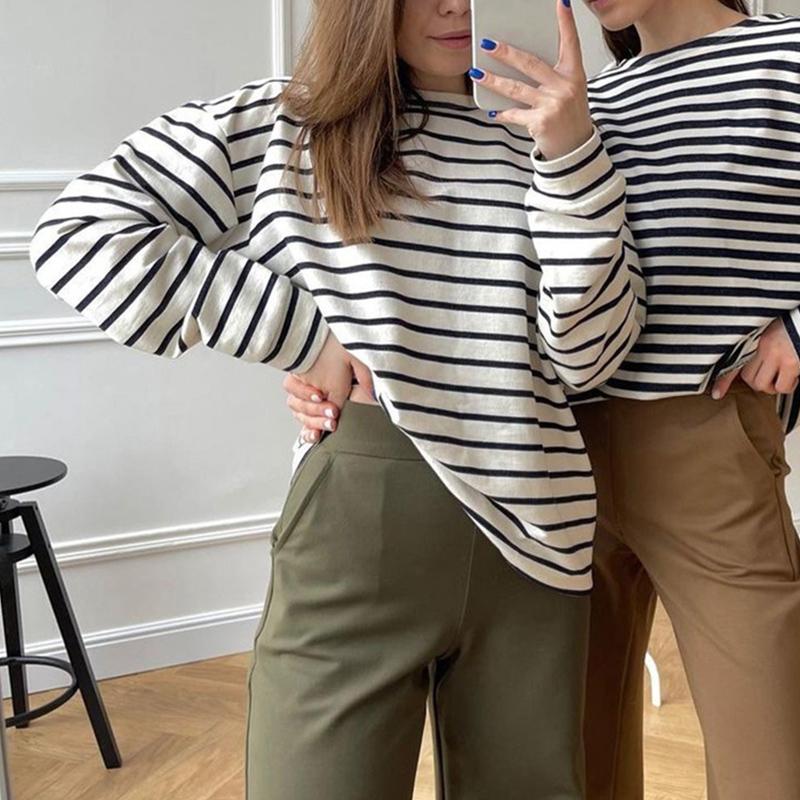 Hirsionsan 2022 Tricouri de bază cu dungi groase pentru femei, toamnă, mâneci lungi, fund lejer, pentru femei, ocazional, tricotat, din bumbac, îmbrăcăminte pentru femei