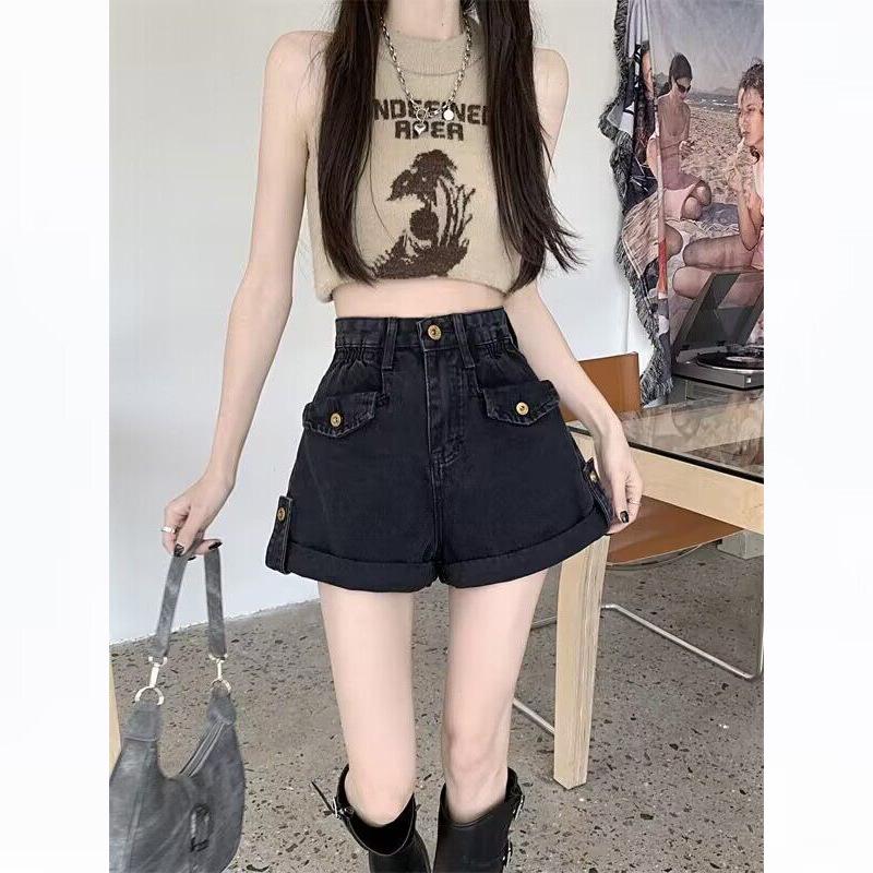 Women's High-Waisted Black Denim Shorts, Summer 2024, Loose A-Line Wide Leg Design, Small Size