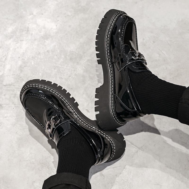Muffin Shoes Men'S Platform Loafers Spring And Autumn New British Style Black Small Leather Shoes 25891-T