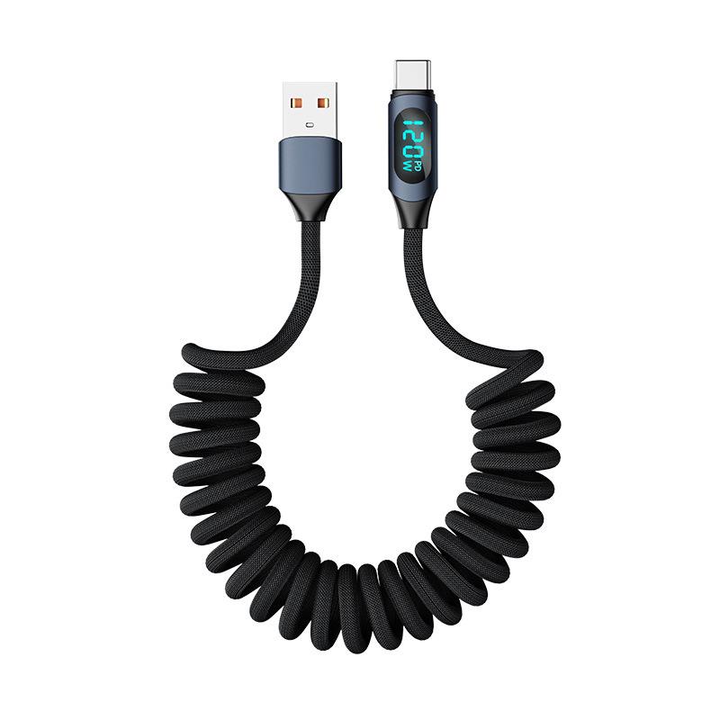 Digital Display 120W Fast Charging Type-C Retractable Car Charger Cable for Apple & Huawei