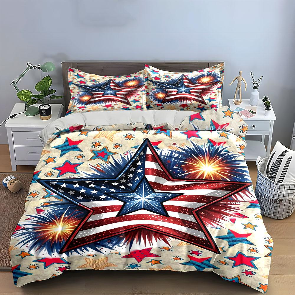 Patriotic Star Firework Design Bedding Duvet Cover Set Duvet Cover Pillowcases (1 * Duvet Cover 2 * Pillowcases, without duvet insert)